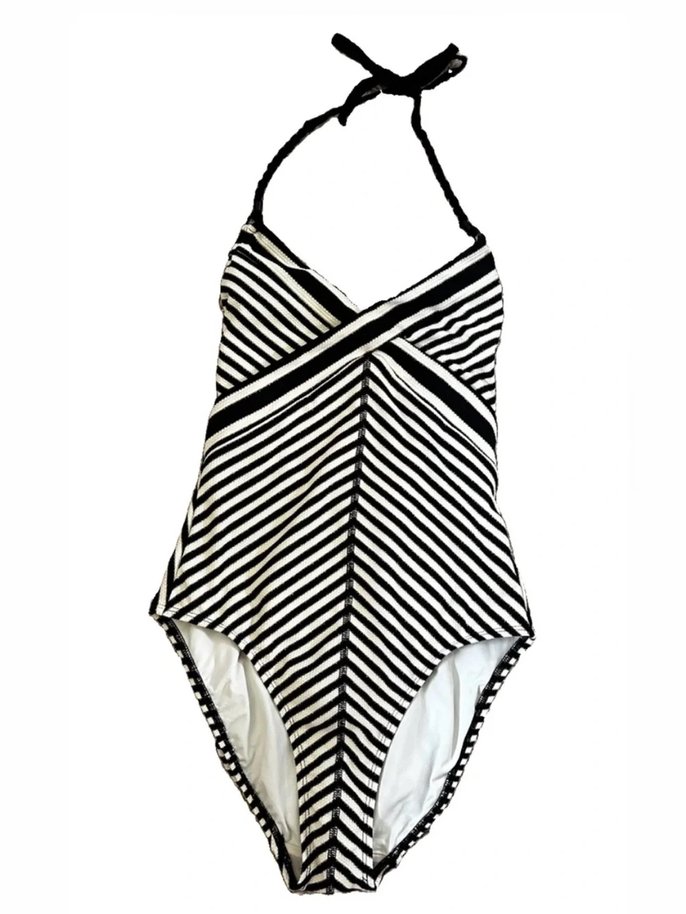 Robin Piccone Black, Ivory & Gold Striped V-Neck One-Piece Swimsuit